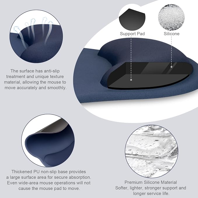 MOSISO Wrist Rest Support for Mouse Pad&Keyboard Set, Navy Blue | Streamline Ergonomic Mousepad&Coaster Non-Slip Base Home/Office Pain Relief&Easy Typing Pad with Soft Cloth&Silicone Lining