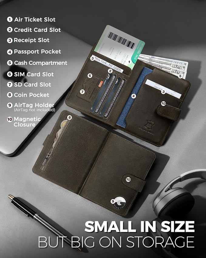 Passport Holder for Travel: Full Grain Leather Passport Cover with Airtag Holder Magnetic Buckle for Men - RFID Blocking Bifold Wallet for Air Ticket Card Cash Coin (Black-yellow)