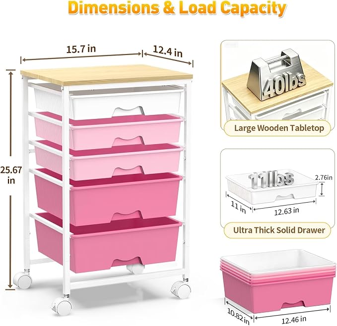 SUNALLY Rolling Carts with 5 Drawers, Storage Drawer Carts for Craft, Pink | Rolling Utility Cart with Wooden Tabletop & 2 Lockable Wheels, Teacher Storage Cart for Classroom School, Makeup, Nail, Art