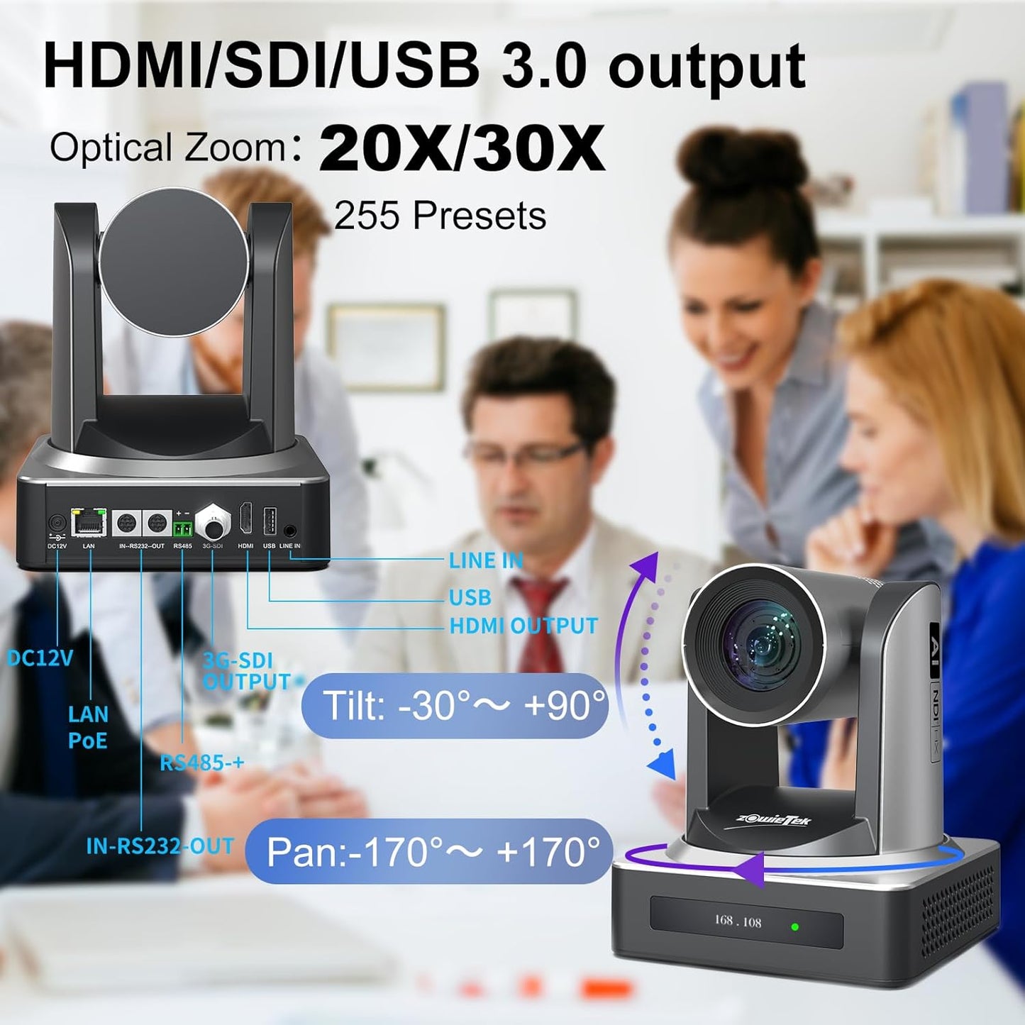 NDI PTZ Camera (Native NDI 6 Certified), AI Auto Tracking 1080P60 PoE, 20X Optical Zoom, 3G-SDI HDMI USB3.0 LAN, Live Streaming for Church Meeting Education Sport Hospital Wedding