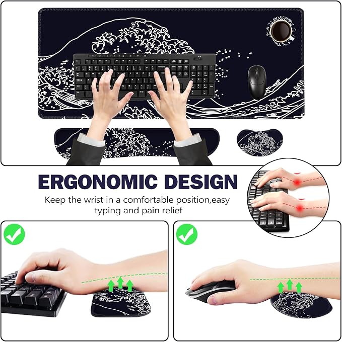 ToLuLu Extended Gaming Mouse Pad, Memory Foam Ergonomic Keyboard Mouse Wrist Rest Support Set, Large Desk Mat with Stitched Edges, Non-Slip Base Mousepad for Home Office Game, Black Wave of Kanagawa