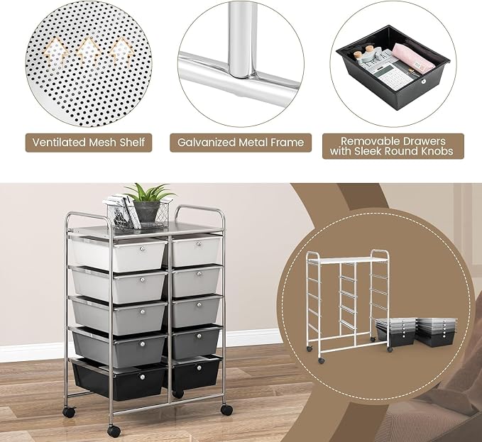 10 Drawer Rolling Cart, Storage Cart Organizer on Wheels, Drawer Cart with Metal Frame & Large Storage Capacity, Rolling Cart with Drawers for Living Room Classroom, Office