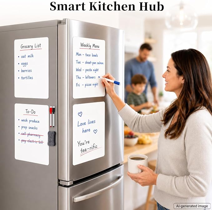 Small Magnetic Whiteboard for Fridge: 4-Pack Keeps Plans Clear | Dry Erase Sheets for Grocery Lists Menus To-Dos & Family Notes - 12" x 8" Organizer Set with 3 Markers & 1 Eraser