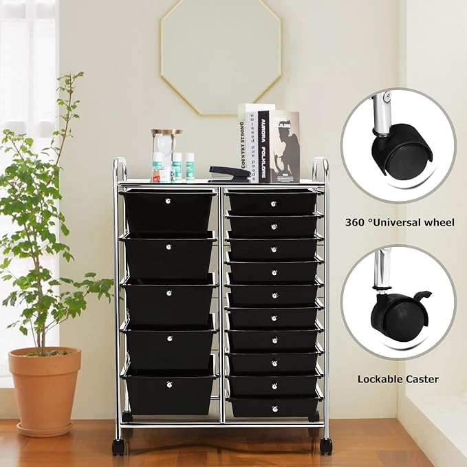 15 Drawer Rolling Storage Cart, Rolling Cart with Drawers for Classroom, Art Supply Craft Organizer on Wheel with Metal Frame & Handles for Home Office School