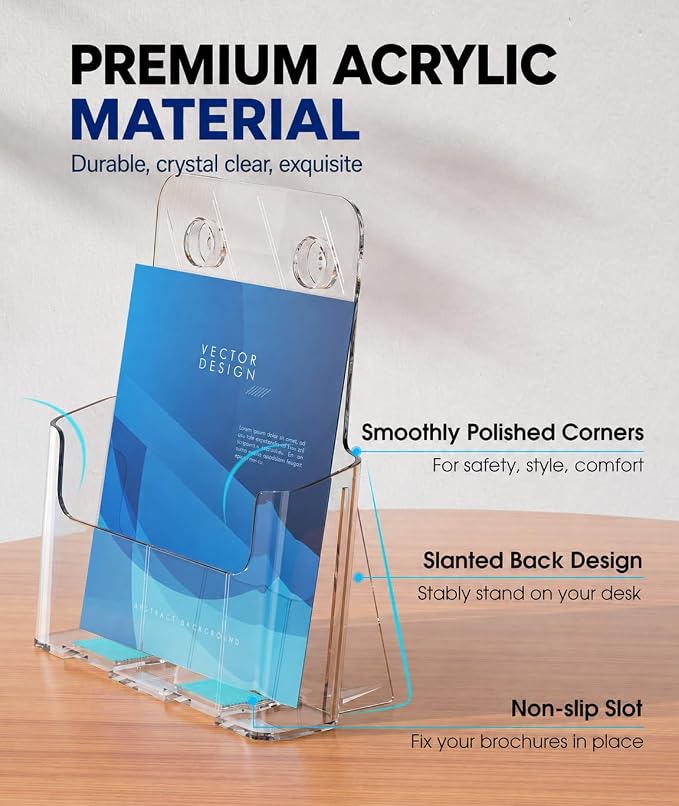 KTRIO Acrylic Brochure Holder 8.5 x 11, 2 Pack Literature Display Stand | Desktop/Wall-Mount, Clear Plastic Flyers Holder Fits 8.5" Wide Magazines, Pamphlets, Documents, Booklets, Journals, Menus