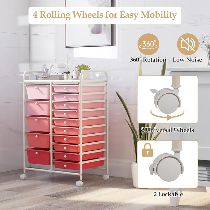 GLACER 15 Drawers Rolling Storage Cart, Steel Frame Craft Organizer Cart | Utility Cart w/Lockable Wheels & Sleek Handle, Mobile Art & Tool Supply Trolley for Teacher, Home, School, Office (Pink)