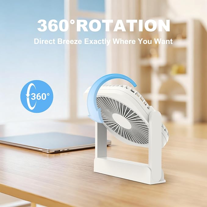 AA Battery and USB Operated Fan, Long Lasting, Quiet, Small Portable Desk Fan for Bedroom, Kitchen, Office, Travel. Built-in Magnet Base. (White)