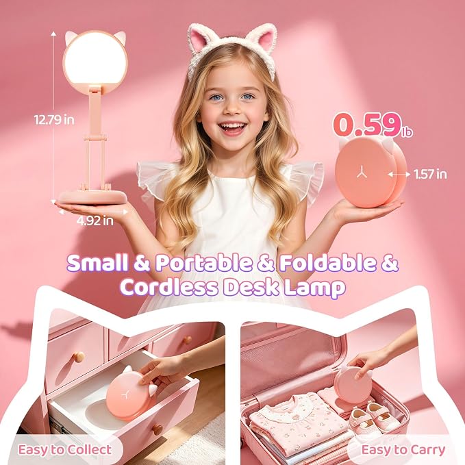 One Fire Cute Desk Lamp Pink Dorm Lamps for College Girls Foldable Portable Rechargeable Dimmable Cute Cat Lamp Kawaii Room Decor,College Dorm Decor for Girls Pink Classroom Essentials