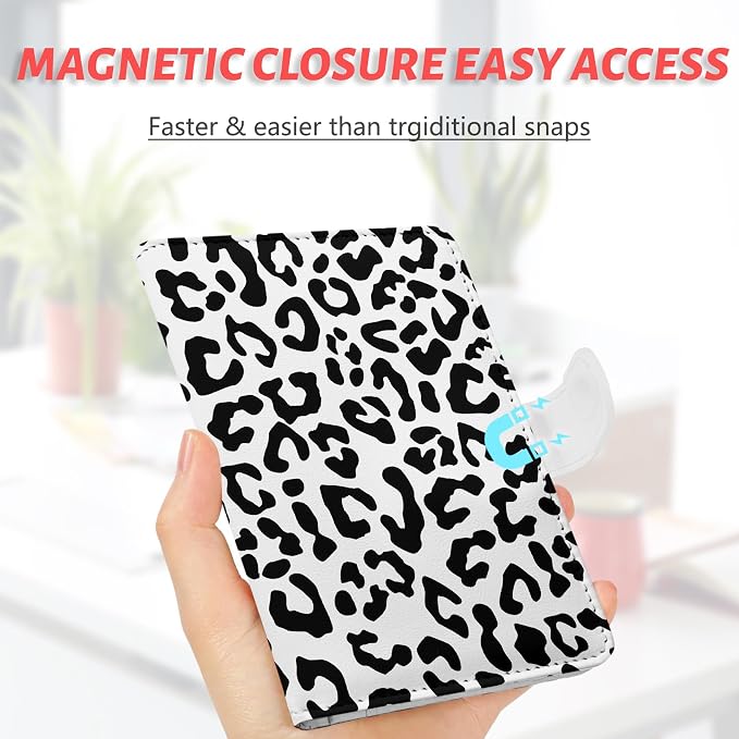 Passport Holder, Cute Travel Wallet Cover with RFID Blocking,Leopard | PU leather travel wallet with magnetic closure, card slots, pen loop, and easy access for passports and essentials.