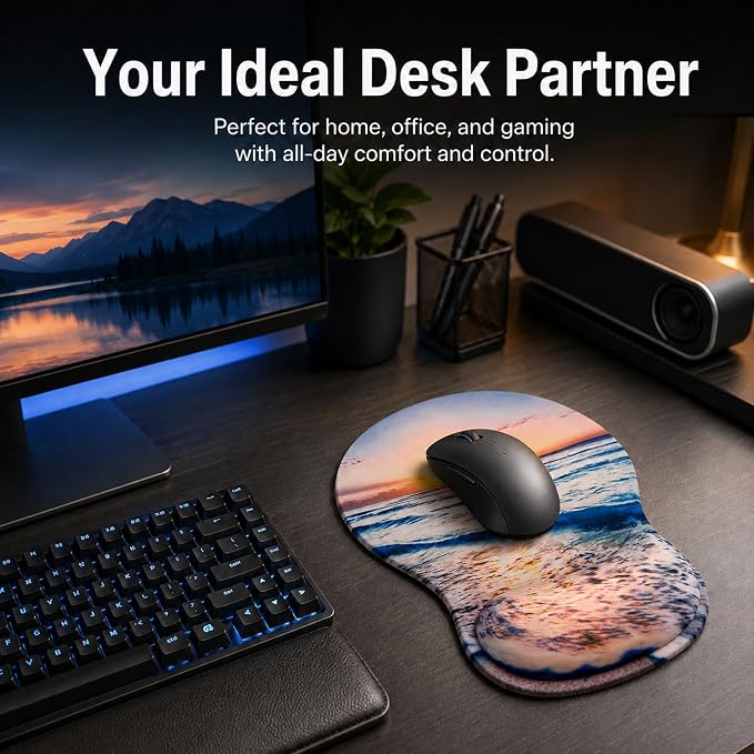 Mouse Pad with Wrist Rest Ergonomic Memory Foam Support, Non-Slip Rubber Base, Comfortable Typing Cushion for Home Office Computer Laptop, Beach