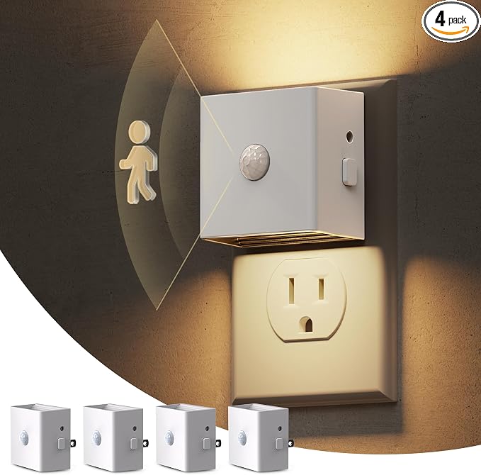 L LOHAS LED Night Light,Plug in Night Light with Motion Sensor and Dusk to Dawn Sensor,[4-Pack] Brightness Adjustable,3000K Soft White, Nightlight for Bathroom Hallway Kitchen