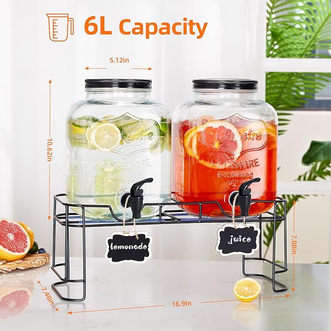 FavorFlavor 1.5 Gallon Drink Dispenser : 2P Glass Dispenser w/Metal Stand | Stainless Steel Spigot-Large Dispenser for Lemonade/Juice/Sun Tea/Drinks-Ideal for Home Gatherings&Parties