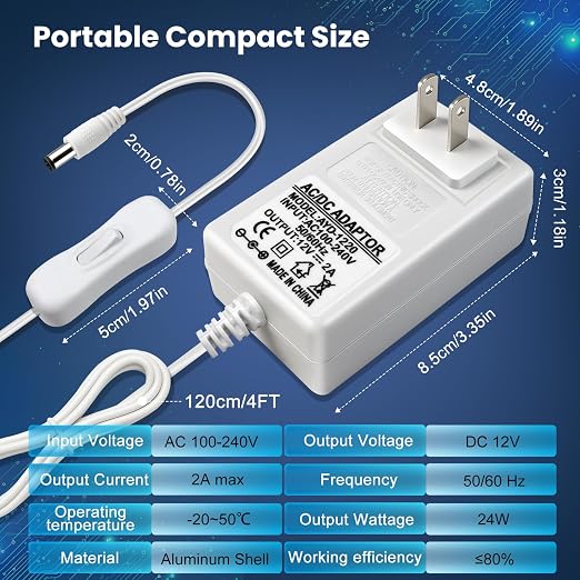 12V 2A Power Supply, 24W 12 Volt DC Power Adapter with On/Off Switch, 110V AC to 12V Wall Plug Transformer for LED Strip Lights with 5.5/2.1mm DC Female Connector