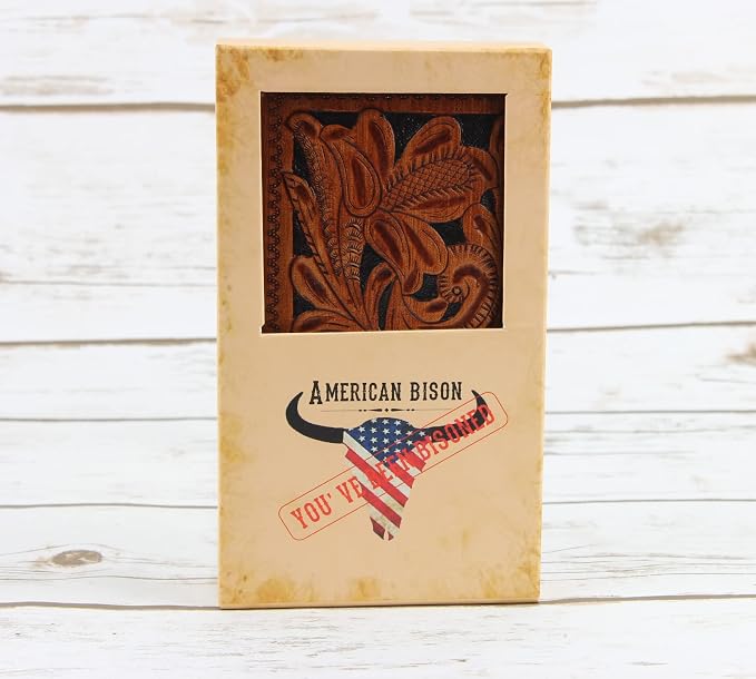 American Bison Arrigo Floral Design RFID Rodeo Wallet for Men – Hand-Tooled Cowhide Leather Wallet with Gift Box (Light Brown)