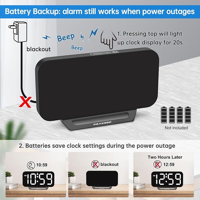 Peakeep Small Digital Alarm Clock for Bedrooms, Loud for Heavy Sleepers Adults, Dimmable Plug in Electric Large Numbers Clock Battery Backup, Slim Clock for Table Office Modern Living Room (BW)