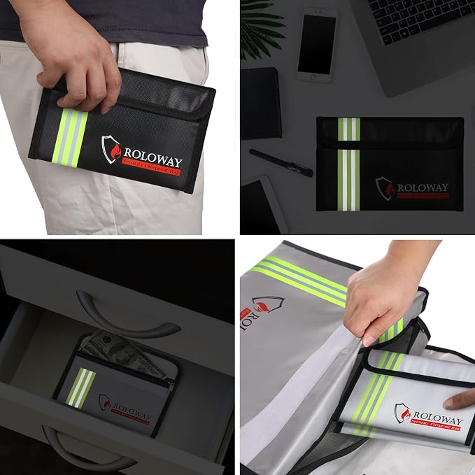 Small Fireproof Bag (5 x 8 inches) with Reflective Strip, Fireproof Money Bag for Cash, Valuables, Passport, Currency & Keys (2-Pack)