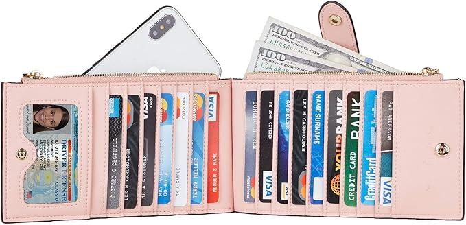 Travelambo Womens Leather Bifold Wallet, Slim RFID Blocking Card Holder | Large Capacity, 16 Card Slots & ID Window, 2 Zipper Pockets, Dual Snap Closure, Slim Lightweight, RFID Privacy Protection