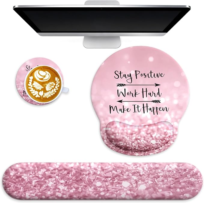 3 in 1 Ergonomic Mouse Pad and Keyboard Wrist Rest with Coaster Set-Pink | Cute Large Mousepad with Gel Wrist Support for Gaming Computer Laptop Women Office Home Desk Decor