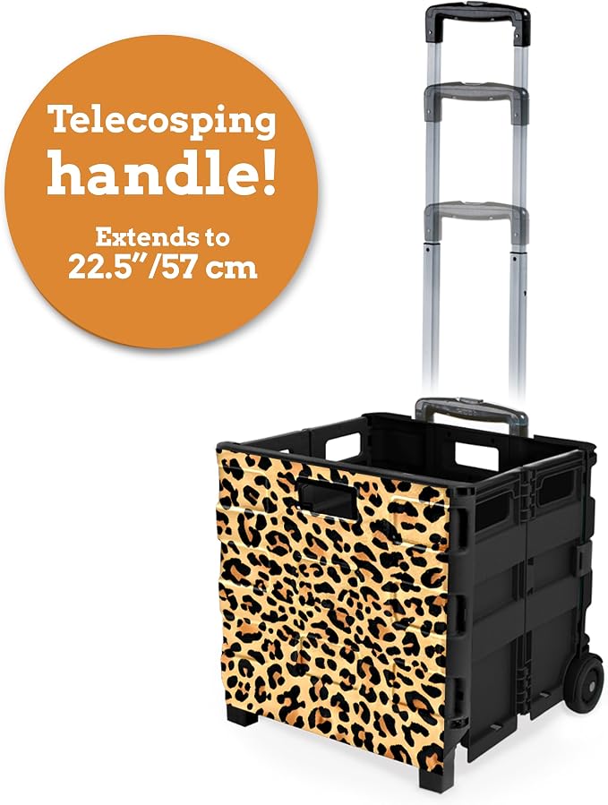 Ultra-Slim Rolling Collapsible Storage Pack-N-Roll Utility-carts, with Telescopic Handle, for Home, Garden, Shopping, Office, School use, Large, Leopard