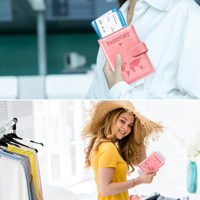 Eoehro Passport Holder for Travel Essentials, Passport Wallet Cover Case for Travel Must Haves Accessories,Passport Book Holders for Women and Men(Bright Pink)