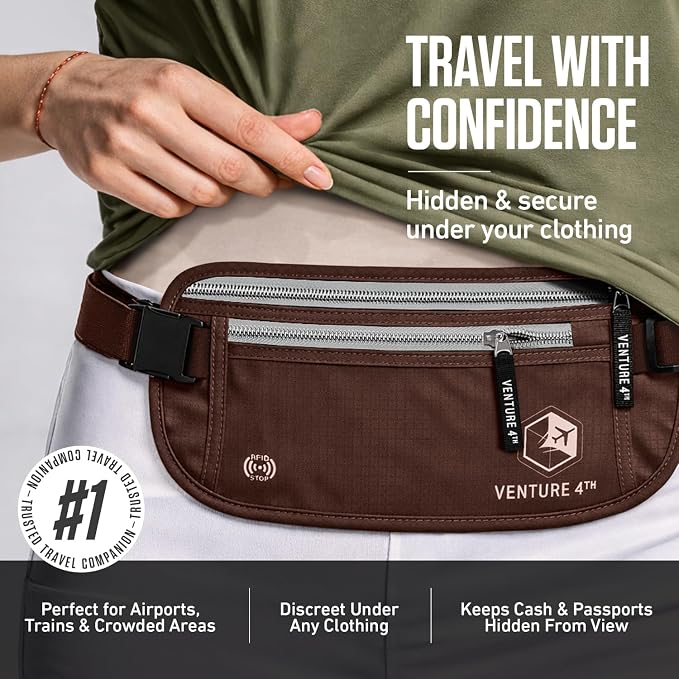 VENTURE 4TH Travel Money Belt, RFID Blocking Passport Holder - Brown