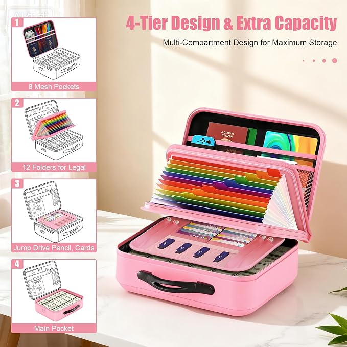 Fireproof Document Box with Lock, Hard-Shell Fireproof & Waterproof Safe Box for Home Office, Portable Document Organizer Stocking Stuffs for Women or Men Christmas Gifts (Pink