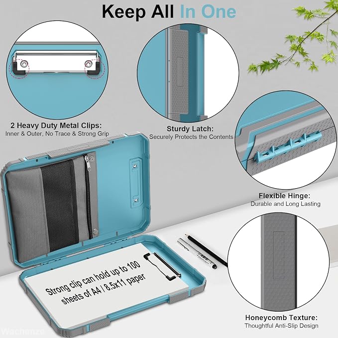 Clipboard, Clipboard with Storage, Heavy Duty Clip Boards 8.5x11, Protective Over Molded Edge, Plastic Clipboards, Contractor Folder with Internal Pen Pouch for Driver (Light Blue)
