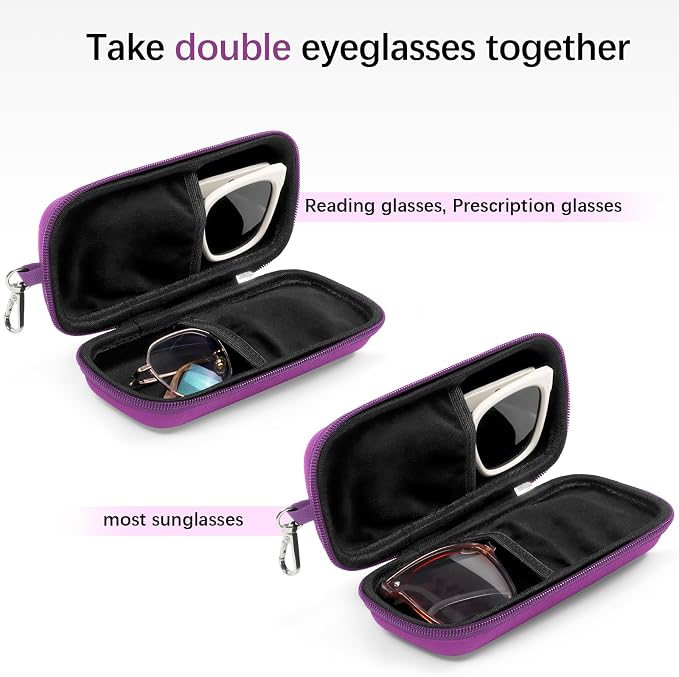Double Eyeglasses Case Hard Shell Dual Sunglasses Organizer with Zipper Closure Travel Eyewear Storage for Vehicle