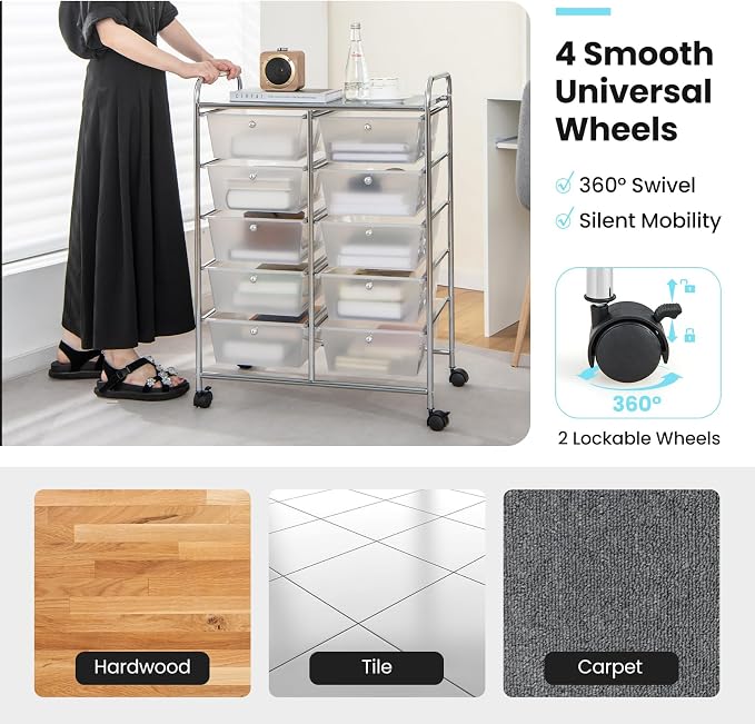 BECOMFORT 10-Drawer Rolling Cart with Drawers, Storage Carts on Wheels, Teacher Classroom Organizers with Metal Frame, Mobile Craft Carts, Trolley Utility Cart for School Office Play Room