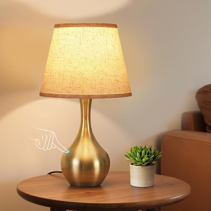 16.1" Touch Table Lamp for Nightstand, 3 Way Dimmable Small Bedroom Lamp | Touch Control, Bulb Included, Gold Bedside Lamps for Desk, Night Stands, Living Room, End Table, Corded