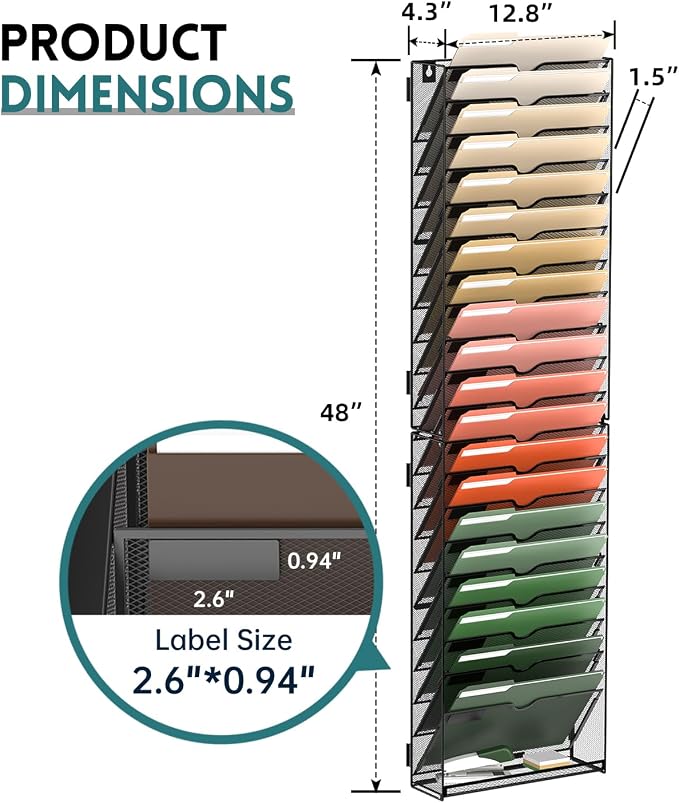 21 Tier Wall File Organizer, Hanging Wall Mounted Mail Organizer with Label Slots, Metal Mesh File Holder Magazine Rack for Office, Home, School or Classroom, Black