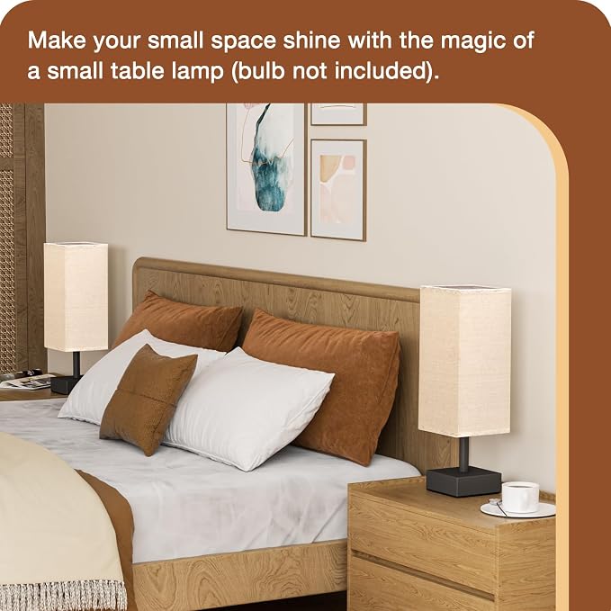 aooshine Small Bedside Table Lamp for Bedroom - Square Beige Fabric Shade | Inline Rocker Switch, Corded Electric, Bulb Not Included, 12.8" Mini Table Lamp for Nightstand, Desk, Dorm, Office
