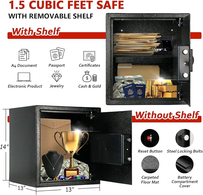 Voncabay Money Safe Box for Home with Digital Keypad, 1.5 Cu. Ft., Black | Alloy Steel, 2 Fireproof Bags, Digital Keypad with Display, Removable Shelf, Alarm System, 14 x 13 x 13 In.