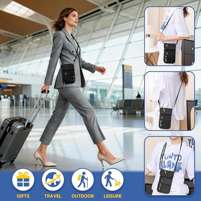 RFID Blocking Passport Holder for Travel Neck Wallet with Adjustable Lanyard 6 Compartments Pouches Passport Wallet for Family (Navy Blue)