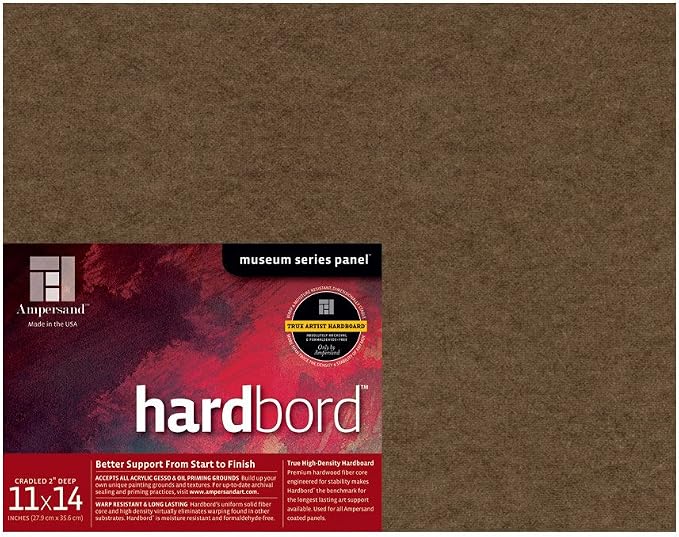 Ampersand Art Supply Hardboard Wood Painting Panel: Museum Series Hardbord, 11" x 14", 2 Inch Cradled Profile