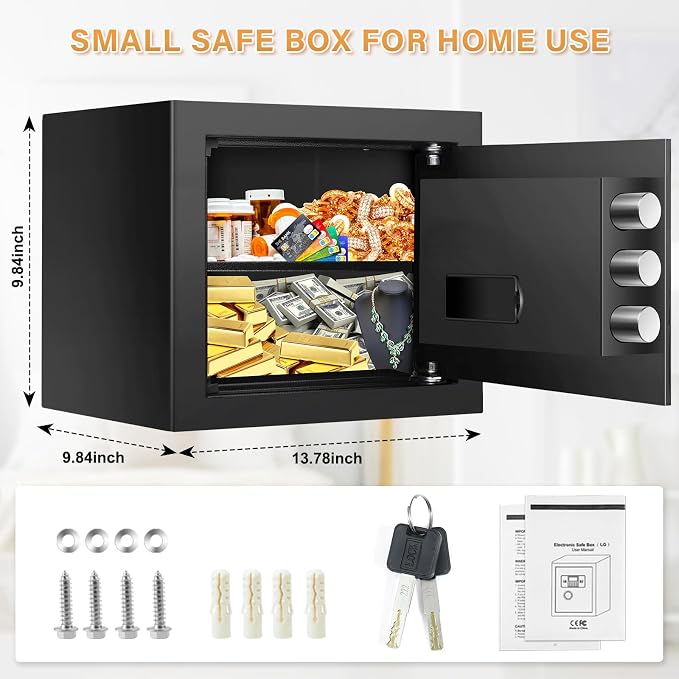 Small Safe for Home, Mini Safe Box for College Dorm Room | 9.8''Dx13.8''Wx9.8''H, Alarm System, LED Light, Wall/Floor Mountable Hidden Safes for Cash, Jewelry, Medicine