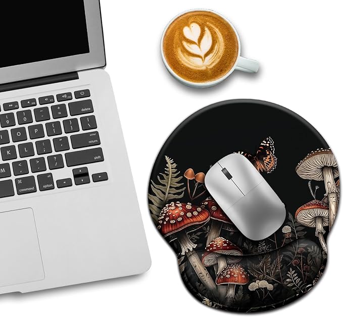 LIMKRIAN Ergonomic Mouse Pad with Gel Wrist Rest, Mushroom Desk Decor | Non-Slip PU Base, Smooth Surface, Cooling Gel Eases Wrist Pain, Cute Mousepad for Laptop, Computer, Office Desk Accessories