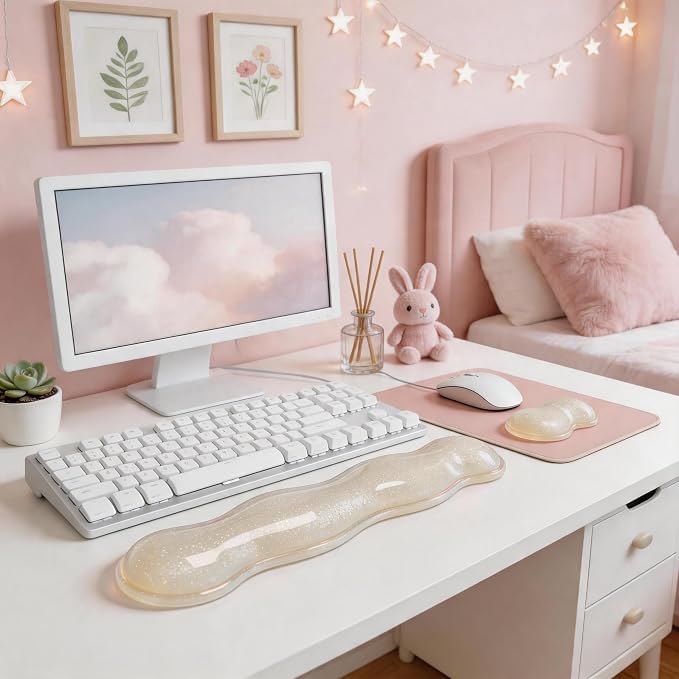 Wrist Rest for Keyboard and Mouse, Ergonomic Mouse Hand Rest Set, Cute Glitter Cloud Keyboard Pad with Wrist Support, Gel Desk Decor Accessories for Office Gaming School (Yellow)