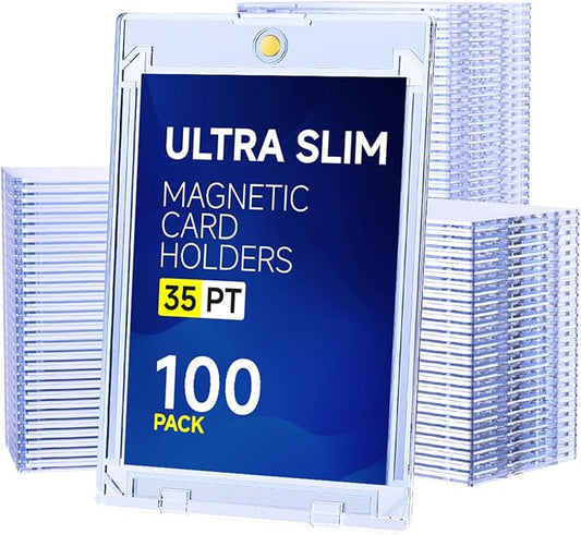 Basthalan 100ct Magnetic Card Holder, 35pt Ultra Slim One Touch Card Holder, Hard Plastic U-V Protectors, Mag Hard Case for Trading, Sports, Game, Football, Baseball Cards