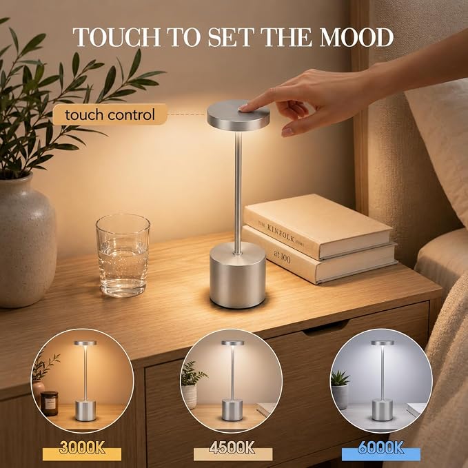 AUDLES Silver Rechargeable Table Lamps 2 Pack, Cordless Battery Operated LED Desk Lamp with Touch Control, 3 Color Temperatures, Dimmable Portable Lamps for Bedroom, Dining Room, Patio, Restaurant