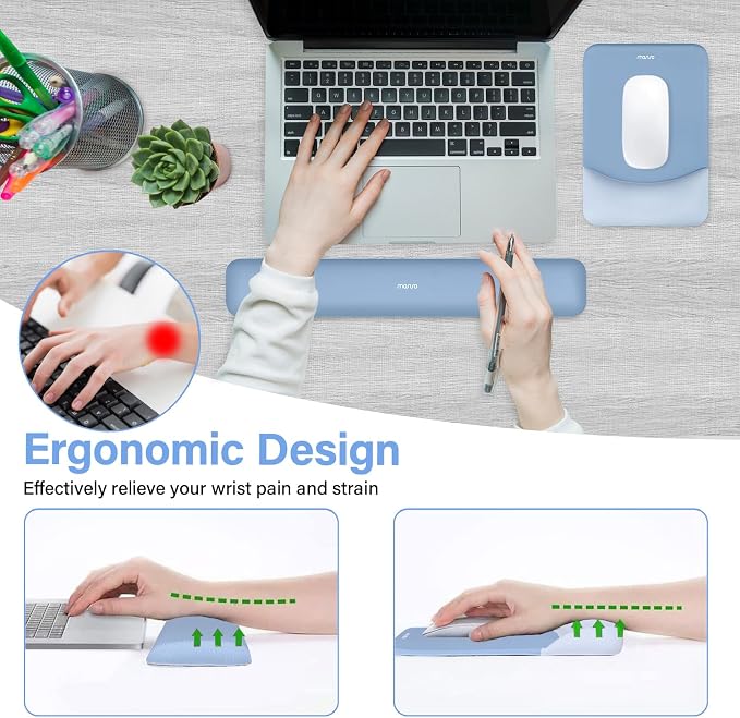 MOSISO Wrist Rest Support Mouse Pad & Keyboard Set, Stone Blue | Rectangular Ergonomic Mousepad, Non-Slip Base, Home/Office Pain Relief & Easy Typing, Neoprene Cloth & Raised Silicone Lining