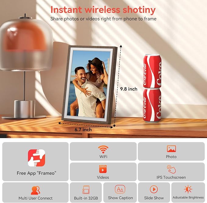 Frameo Wood 10.1 inch Digital Picture Frame, Smart WiFi Digital Photo Frame with 32G Memory, HD Touch Screen, Auto-Rotate, Slideshow, Easy Setup, Share Photos and Videos Anywhere(Brown Wood)