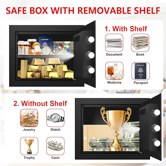 1.3 Cuft Small Fire Safe for Home Use, Anti-theft Fire Proof Safe Box with Digital Keypad, Spare Keys and Removable Shelf, Security Safes Fireproof Waterproof for Document Money Valuables
