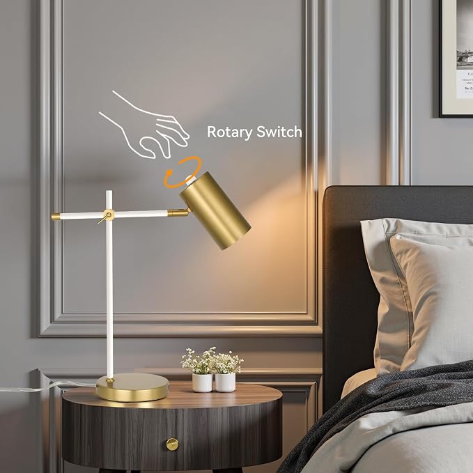 Modern White and Gold Desk Lamp with Type C Charging Port, Minimalist Industrial Table Lamp with Swing Arm, for Study Room Home Office Bedroom Bedside Nightstand