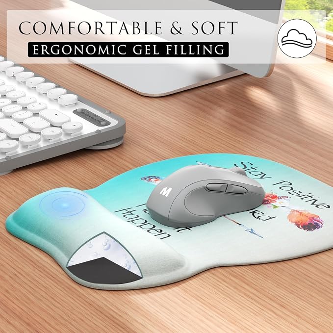 MROCO Ergonomic Mouse Pad with Gel Wrist Rest, 9.4 x 8.1 in, Feather Arrow | Ergonomic Shape Design, Multiple Pattern Options, Gel Wrist Comfort, Smooth Lycra Surface, Non-Slip PU Base