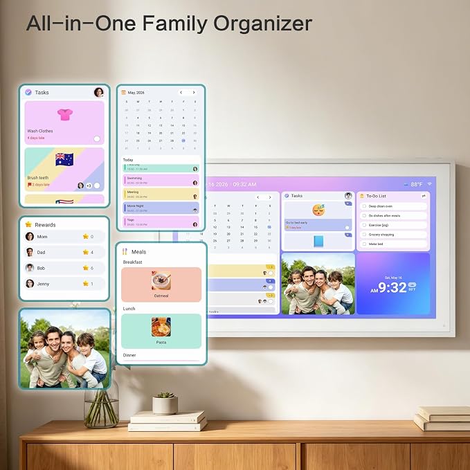 15.6" Digital Calendar Electronic Calendar for Chore Chart - Touchscreen Interactive Smart Display, Meal Planner, Auto-Sync Online iCloud Outlook, Digital Photo Frame, Wall Mountable Gifts for Mom Dad