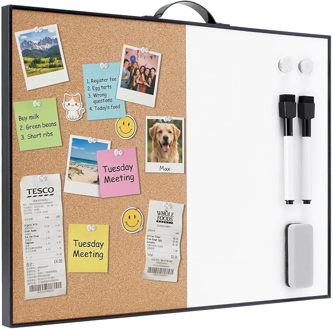Small Whiteboard Cork-Board - 12" X 16" Portable Aluminum Black Framed Magnetic Dry Erase Board for Wall, Small Bulletin Cork Board with Holder for Office, Home and School