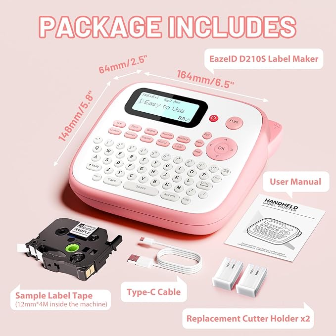 Pink Label Maker Machine with-Tape, Portable Kids Label Maker, QWERTY Keyboard Labeler Handheld, D210S Easy Labeler with Multiple Fonts Frame Barcode for Home Office School Supplies