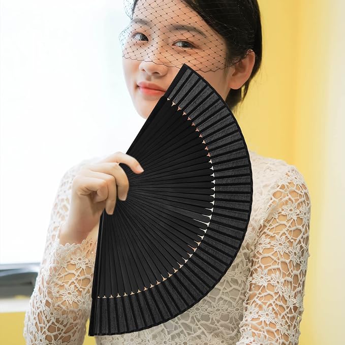 Wobe Hand Held Bamboo Silk Folding Fan, Chinese Japanese Handheld Fan with Tassel Wooden Charming Elegant Vintage Retro Style for Women Ladys Girls Dance Party Home Decorations (Black)