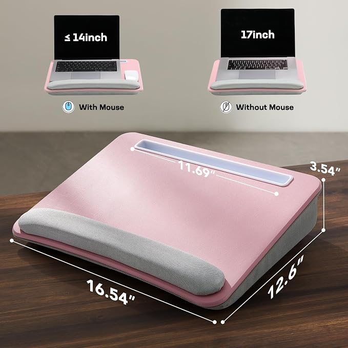HUANUO Laptop Lap Desk - Portable Lap Desk with Pillow Cushion, Fits up to 15.6 inch Laptop, with Anti-Slip Strip & Storage Function for Home Office Students Use as Computer Laptop Stand - Pink